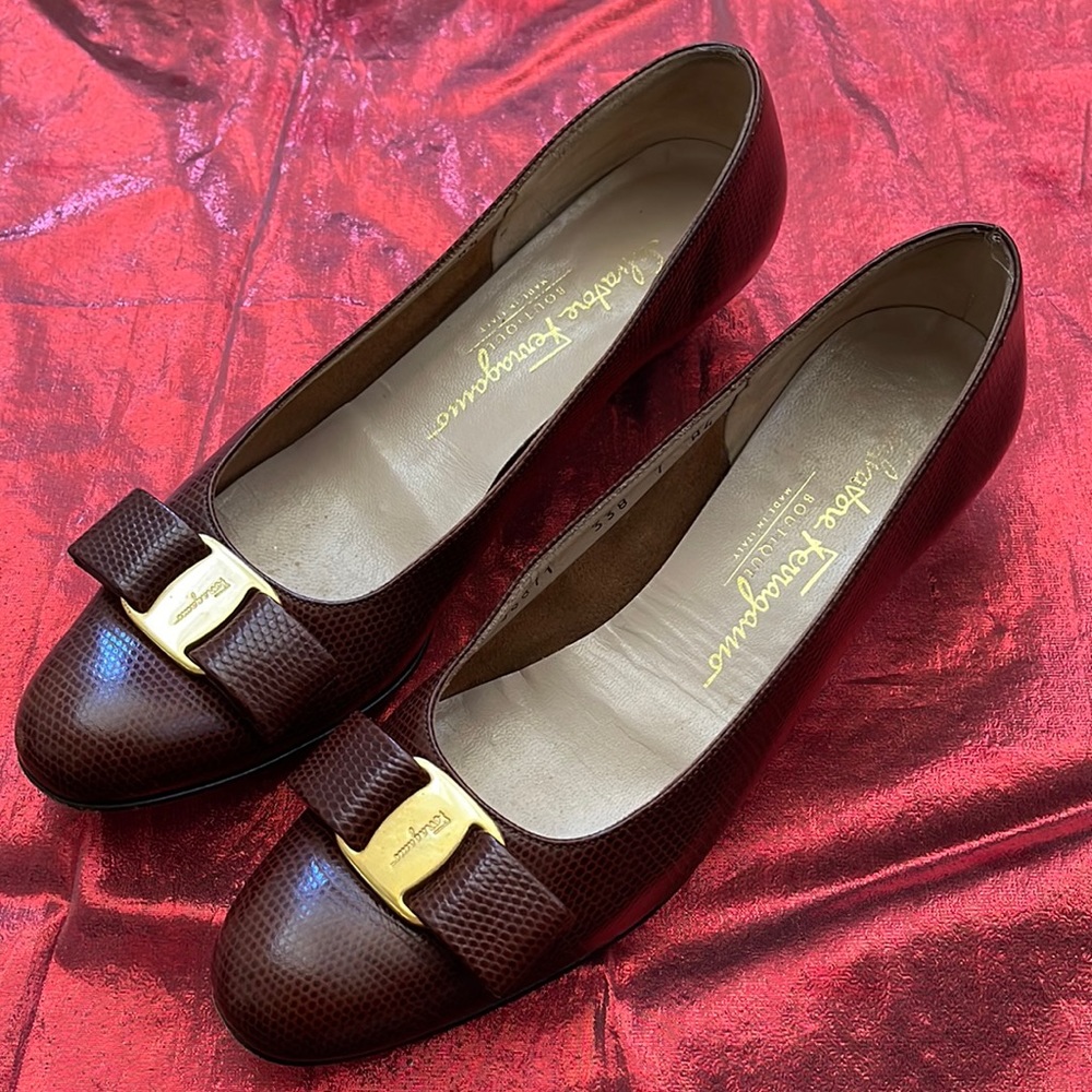 Salvatore Ferragamo Vara Snakeskin Brown Block Heel Flats
